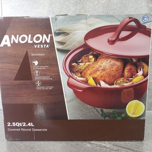 Anolon Vesta Casserole Cookware 2.5 Qt. Stoneware Round Covered Pot Paprika Red - Picture 4 of 7
